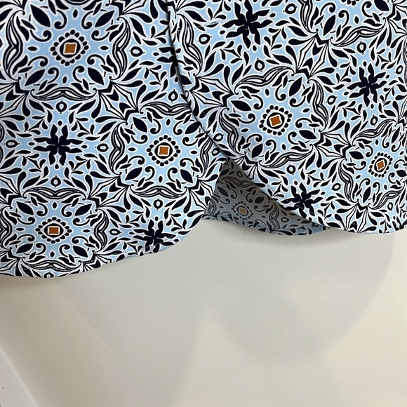 LOFT Blue and White geometric Patterned Shift Dress w/ 3/4 tassel tie sleeves - Picture 6 of 7